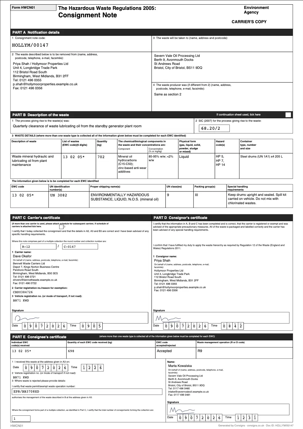 Completed digital hazardous waste consignment note (HWCN01) with all five parts filled in and signed